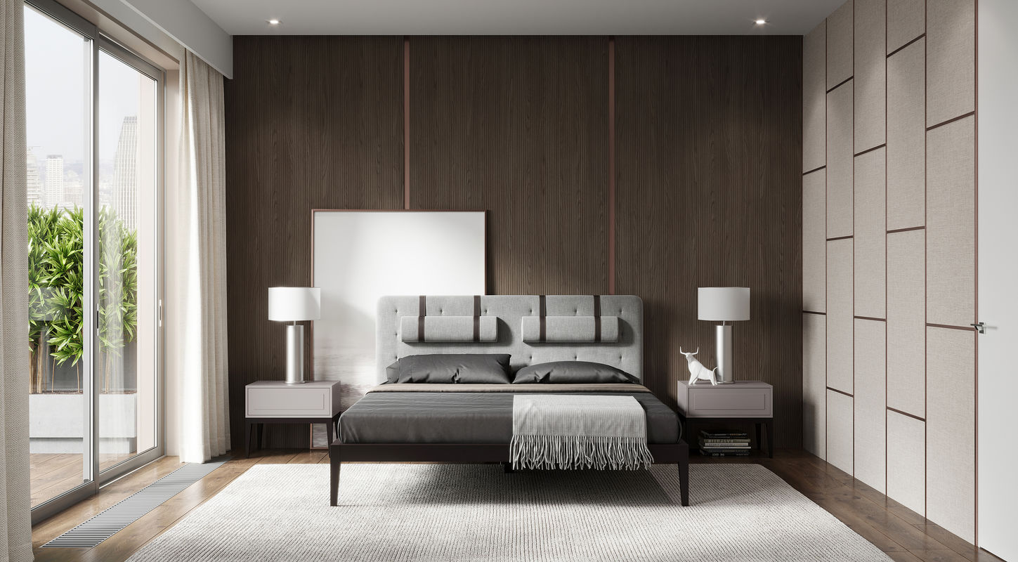 Кровать, отделка шпон ореха W, серая рогожка 138 MOD INTERIORS MARBELLA ...